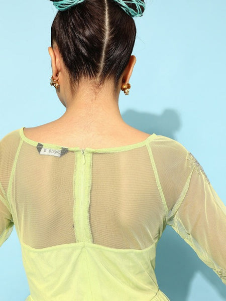 Women Lime Green Fit and Flare Long Sleeves Embellished Maxi Dress vitansethnics