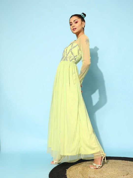 Women Lime Green Fit and Flare Long Sleeves Embellished Maxi Dress M Women Lime Green Fit and Flare Long Sleeves Embellished Maxi Dress M