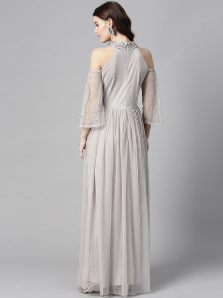 Women Grey Fit and Flare Slit Sleeves Sequinned Maxi Dress vitansethnics