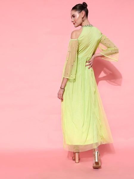 Women Lime Green Fit and Flare Slit Sleeves Embellished Maxi Dress vitansethnics