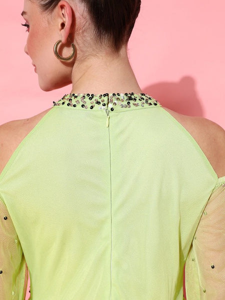 Women Lime Green Fit and Flare Slit Sleeves Embellished Maxi Dress vitansethnics