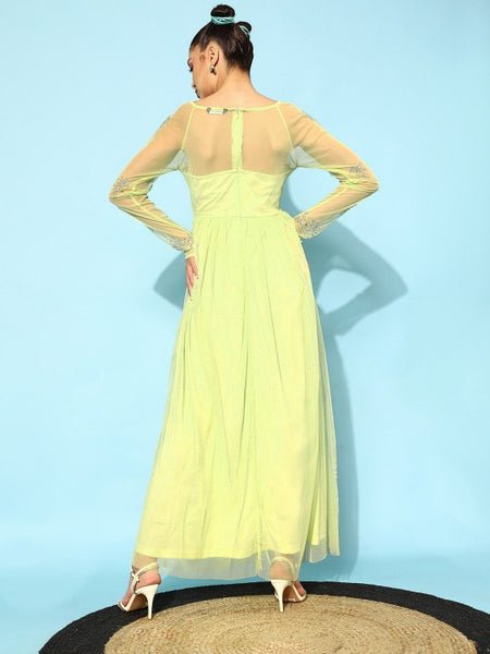 Women Lime Green Fit and Flare Long Sleeves Embellished Maxi Dress vitansethnics