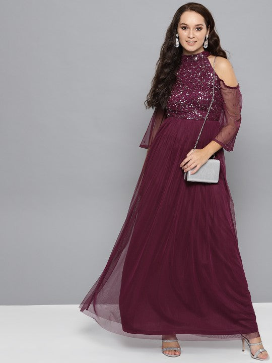 Women Cold-Shoulder Embellished Detail Maxi Dress vitansethnics