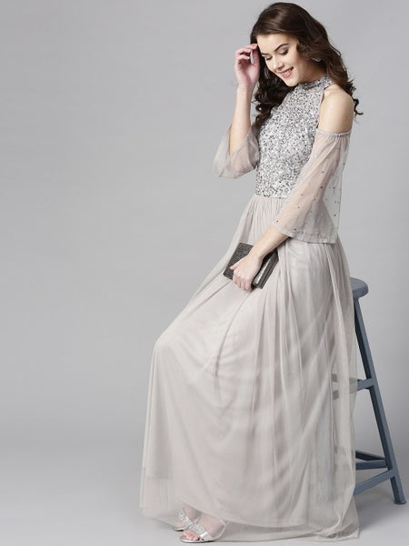 Women Grey Fit and Flare Slit Sleeves Sequinned Maxi Dress vitansethnics