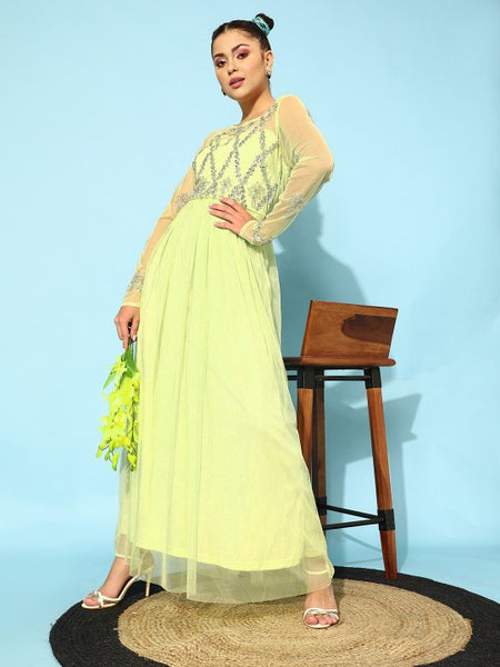 Women Lime Green Fit and Flare Long Sleeves Embellished Maxi Dress vitansethnics