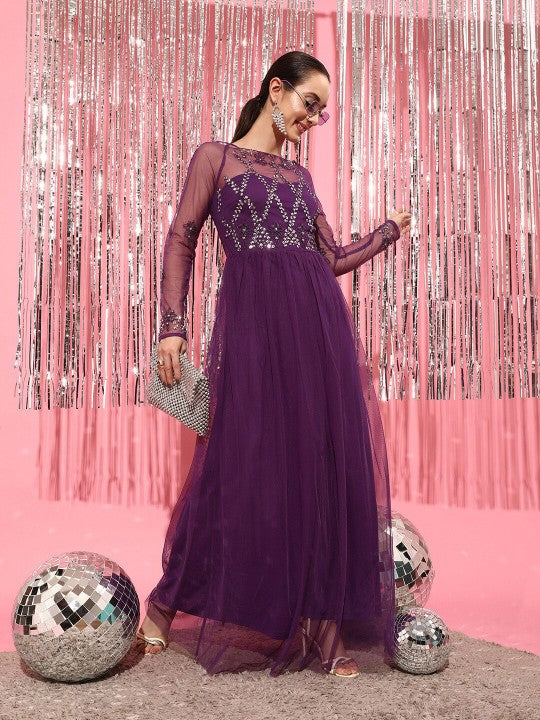 Women Checked Fit and Flare Long Sleeves Maxi Dress vitansethnics