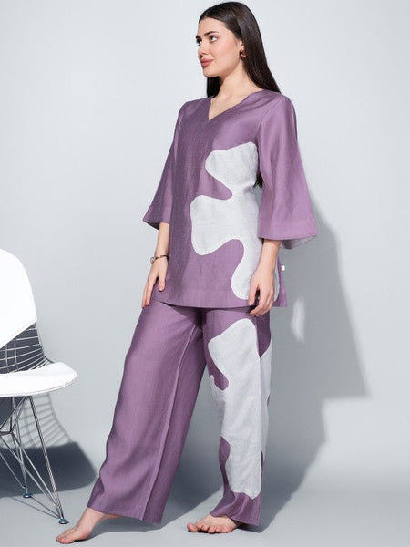 Women Purple & White V-Neck Applique Detail Night Suit VitansEthnics