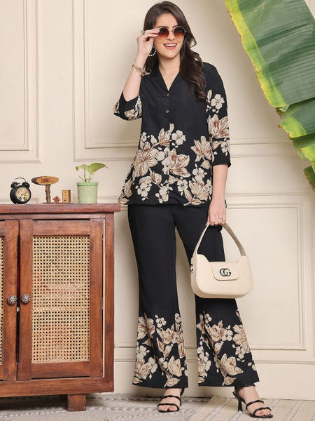 Women Floral Printed Lapel Collar Shirt With Trousers Co-Ords set VitansEthnics
