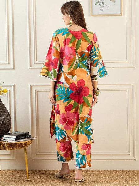 Women Floral Printed V-Neck Pure Cotton Tunic With Trouser Co-Ords Set VitansEthnics