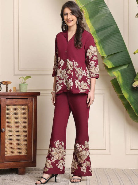 Women Burgundy Floral Printed Lapel Collar Shirt With Trousers Co-Ords set VitansEthnics