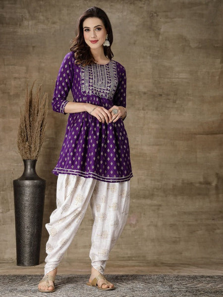 Ethnic Motifs Printed Gotta Patti A Line Fusion Kurti With Dhoti Pants Set VitansEthnics