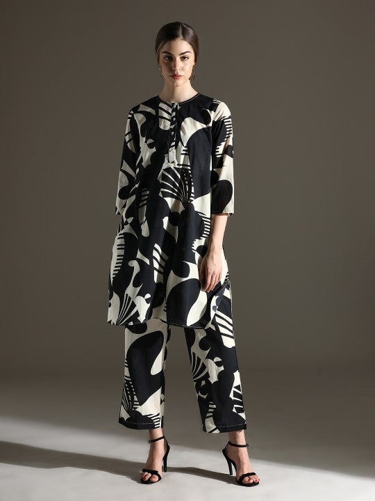 Women Pure Cotton Round Neck Abstract Printed Kurta With Trouser Co-Ords Set VitansEthnics