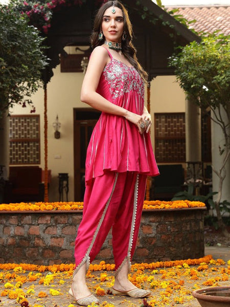 Floral Yoke Design Empire Shoulder Straps Embroidered A-Line Fusion Kurti With Dhoti Pants VitansEthnics