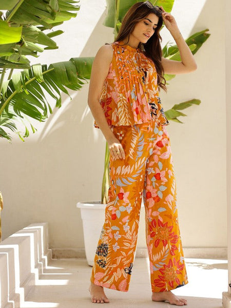 Women Printed Mandarin Collar Sleeveless Pure Cotton Top And Trouser Co-Ords Set VitansEthnics