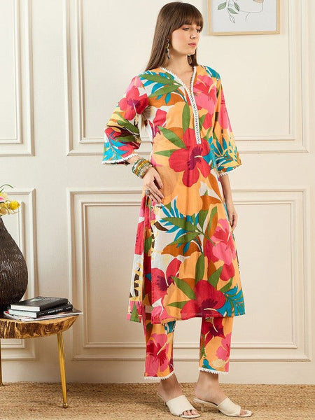 Women Floral Printed V-Neck Pure Cotton Tunic With Trouser Co-Ords Set VitansEthnics
