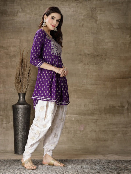 Ethnic Motifs Printed Gotta Patti A Line Fusion Kurti With Dhoti Pants Set VitansEthnics