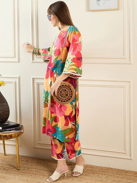 Women Floral Printed V-Neck Pure Cotton Tunic With Trouser Co-Ords Set VitansEthnics
