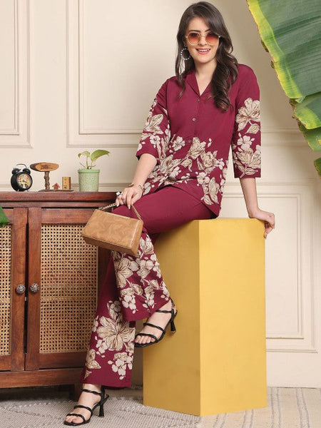 Women Burgundy Floral Printed Lapel Collar Shirt With Trousers Co-Ords set VitansEthnics
