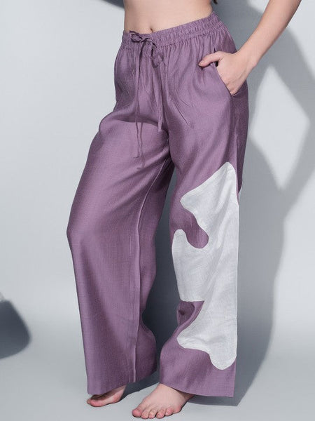 Women Purple & White V-Neck Applique Detail Night Suit VitansEthnics