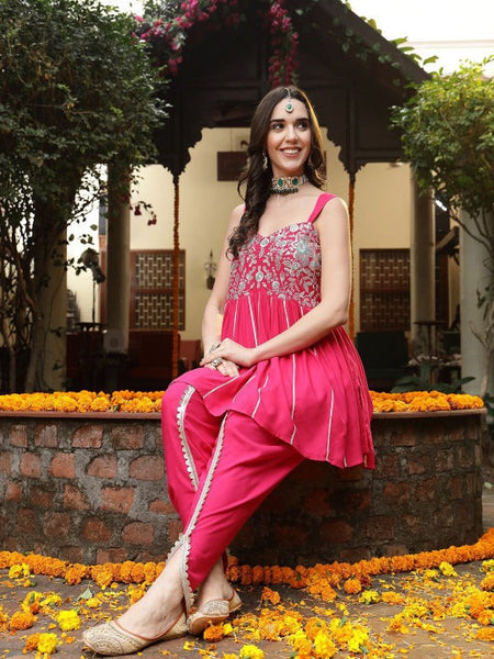 Floral Yoke Design Empire Shoulder Straps Embroidered A-Line Fusion Kurti With Dhoti Pants VitansEthnics