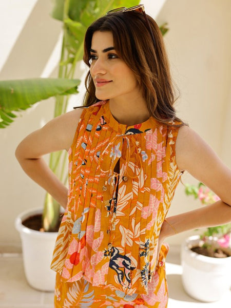 Women Printed Mandarin Collar Sleeveless Pure Cotton Top And Trouser Co-Ords Set VitansEthnics