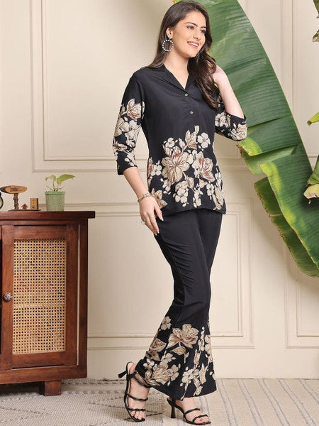 Women Floral Printed Lapel Collar Shirt With Trousers Co-Ords set VitansEthnics