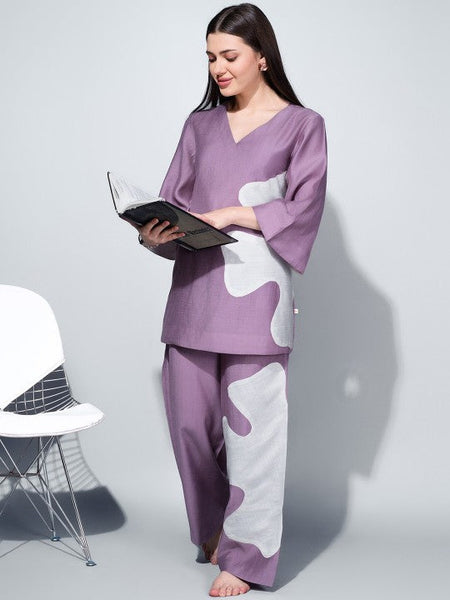 Women Purple & White V-Neck Applique Detail Night Suit VitansEthnics