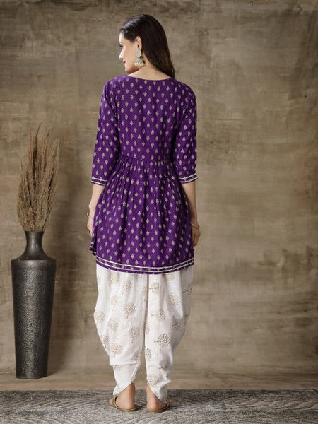Ethnic Motifs Printed Gotta Patti A Line Fusion Kurti With Dhoti Pants Set VitansEthnics