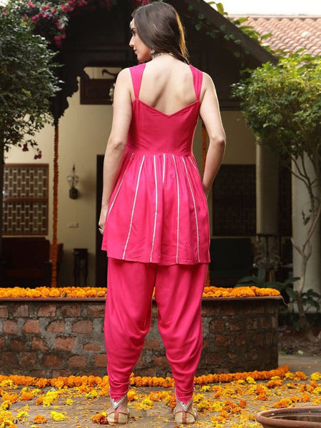Floral Yoke Design Empire Shoulder Straps Embroidered A-Line Fusion Kurti With Dhoti Pants VitansEthnics