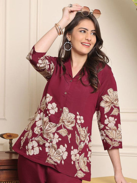 Women Burgundy Floral Printed Lapel Collar Shirt With Trousers Co-Ords set VitansEthnics