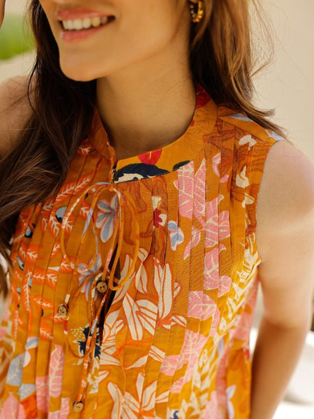 Women Printed Mandarin Collar Sleeveless Pure Cotton Top And Trouser Co-Ords Set VitansEthnics
