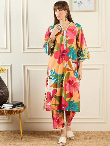 Women Floral Printed V-Neck Pure Cotton Tunic With Trouser Co-Ords Set VitansEthnics
