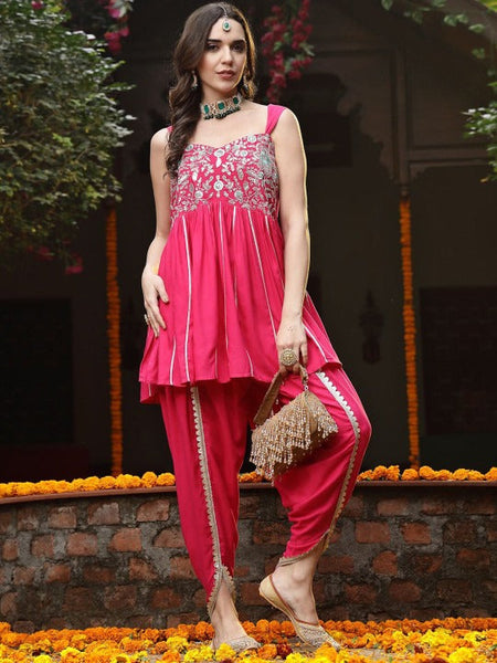 Floral Yoke Design Empire Shoulder Straps Embroidered A-Line Fusion Kurti With Dhoti Pants VitansEthnics