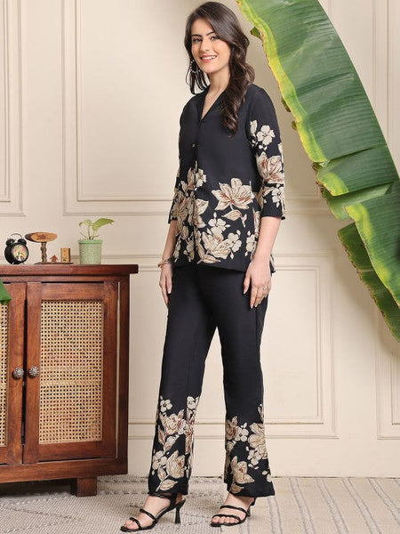 Women Floral Printed Lapel Collar Shirt With Trousers Co-Ords set VitansEthnics