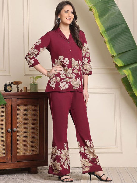 Women Burgundy Floral Printed Lapel Collar Shirt With Trousers Co-Ords set VitansEthnics
