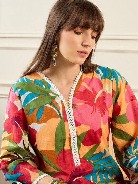 Women Floral Printed V-Neck Pure Cotton Tunic With Trouser Co-Ords Set VitansEthnics