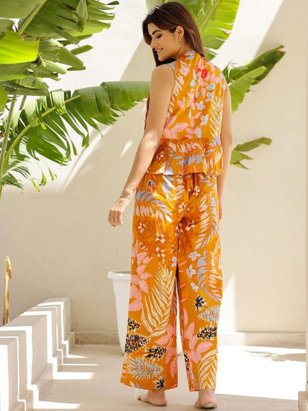 Women Printed Mandarin Collar Sleeveless Pure Cotton Top And Trouser Co-Ords Set VitansEthnics