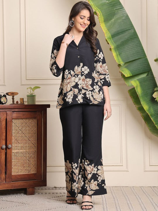 Women Floral Printed Lapel Collar Shirt With Trousers Co-Ords set VitansEthnics
