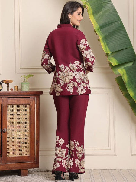 Women Burgundy Floral Printed Lapel Collar Shirt With Trousers Co-Ords set VitansEthnics
