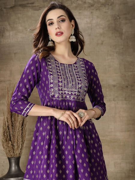 Ethnic Motifs Printed Gotta Patti A Line Fusion Kurti With Dhoti Pants Set VitansEthnics