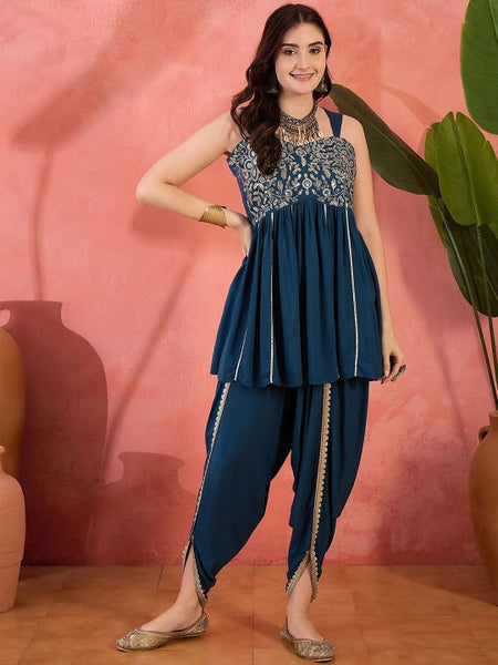 Women Ethnic Motif Embroidered Sequinned A-Line Kurti with Dhoti Pants VitansEthnics