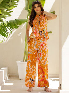 Women Printed Mandarin Collar Sleeveless Pure Cotton Top And Trouser Co-Ords Set VitansEthnics