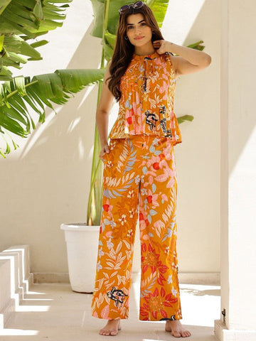 Women Printed Mandarin Collar Sleeveless Pure Cotton Top And Trouser Co-Ords Set VitansEthnics