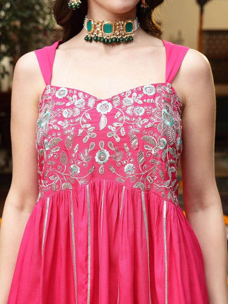 Floral Yoke Design Empire Shoulder Straps Embroidered A-Line Fusion Kurti With Dhoti Pants VitansEthnics