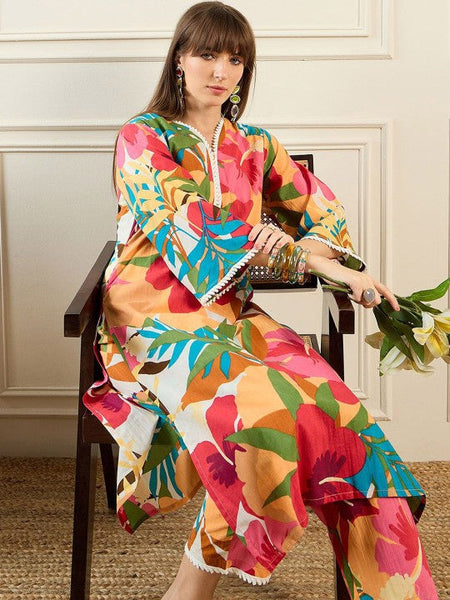 Women Floral Printed V-Neck Pure Cotton Tunic With Trouser Co-Ords Set VitansEthnics