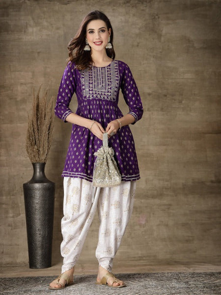 Ethnic Motifs Printed Gotta Patti A Line Fusion Kurti With Dhoti Pants Set VitansEthnics