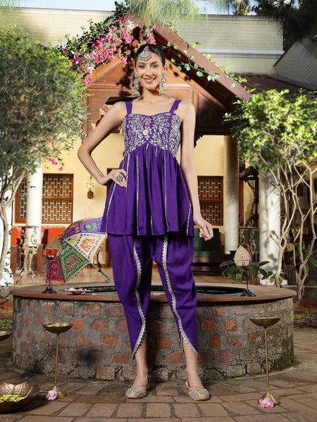 Women Floral Embroidered Empire Sleeveless Fusion Kurti With Dhoti Pants VitansEthnics
