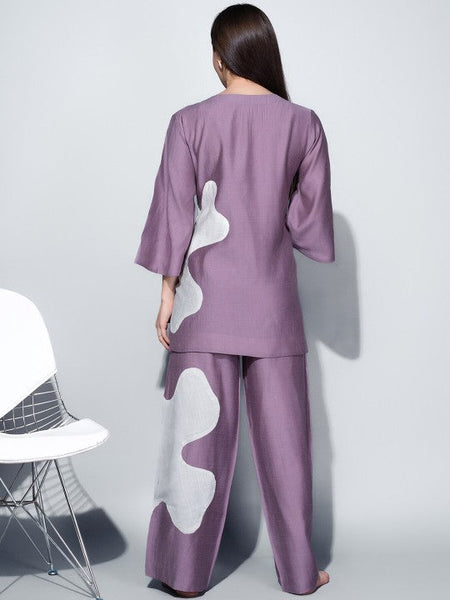 Women Purple & White V-Neck Applique Detail Night Suit VitansEthnics