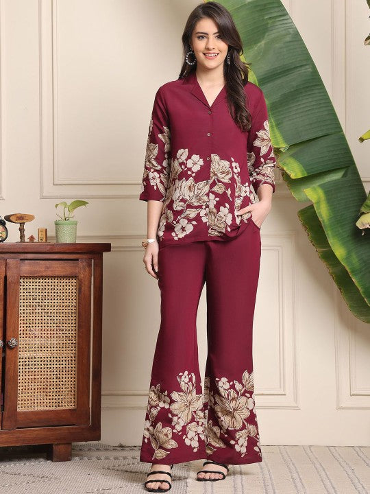 Women Burgundy Floral Printed Lapel Collar Shirt With Trousers Co-Ords set VitansEthnics