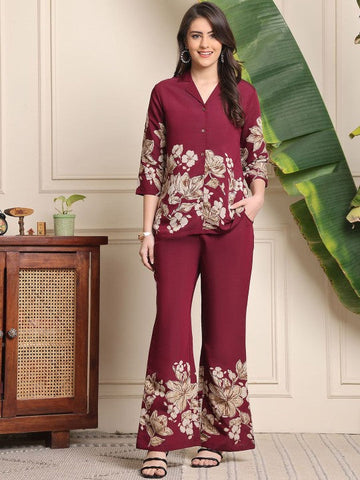 Women Burgundy Floral Printed Lapel Collar Shirt With Trousers Co-Ords set VitansEthnics